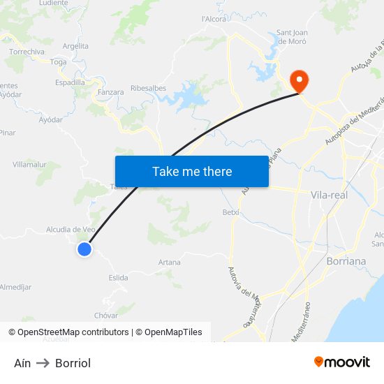 Aín to Borriol map
