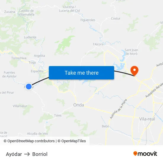 Ayódar to Borriol map