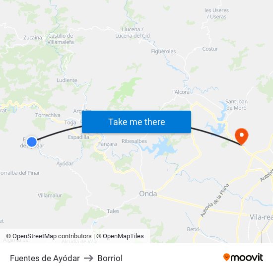 Fuentes de Ayódar to Borriol map