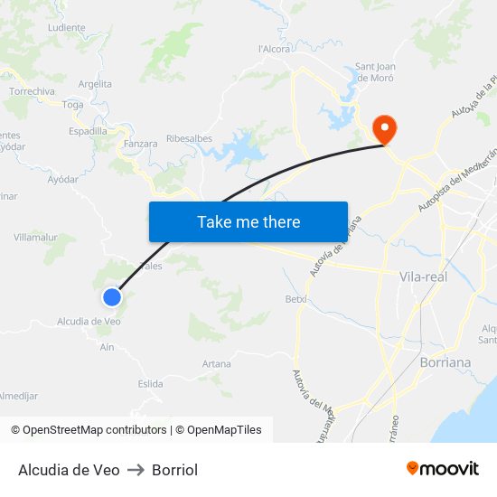 Alcudia de Veo to Borriol map