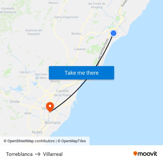 Torreblanca to Villarreal map