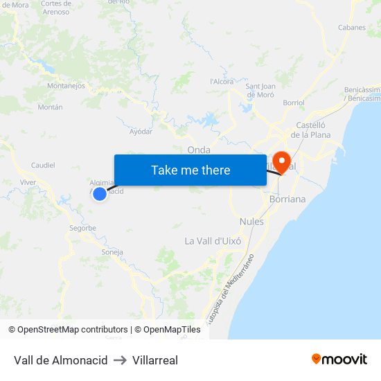 Vall de Almonacid to Villarreal map