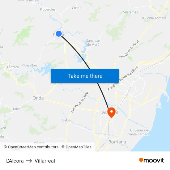 L'Alcora to Villarreal map