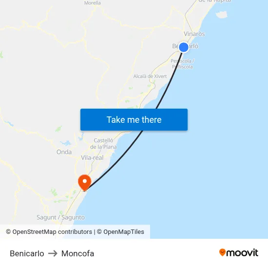 Benicarlo to Moncofa map