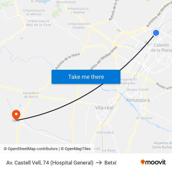 Av. Castell Vell, 74 (Hospital General) to Betxí map