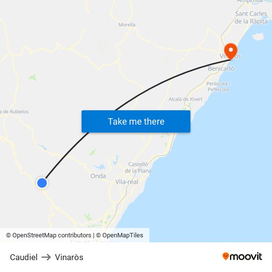Caudiel to Vinaròs map