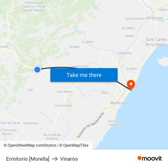 Ermitorio [Morella] to Vinaròs map