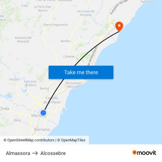 Almassora to Alcossebre map