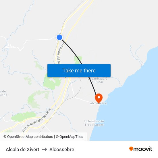 Alcalá de Xivert to Alcossebre map