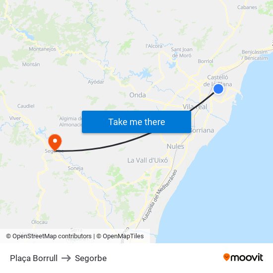 Plaça Borrull to Segorbe map