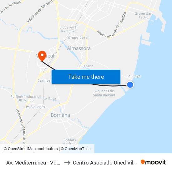 Av. Mediterránea - Vora Riu to Centro Asociado Uned Vila-Real map