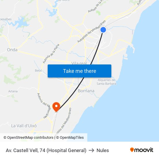 Av. Castell Vell, 74 (Hospital General) to Nules map