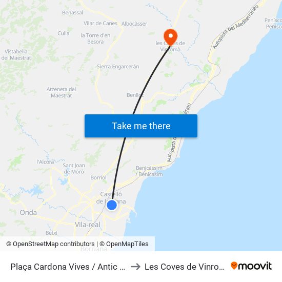 Plaça Cardona Vives / Antic Asil to Les Coves de Vinromà map