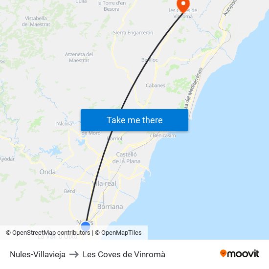 Nules-Villavieja to Les Coves de Vinromà map