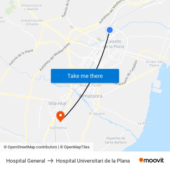 Hospital General to Hospital Universitari de la Plana map