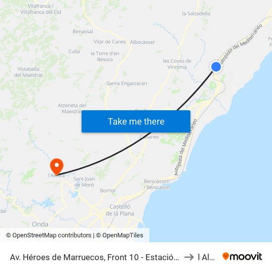 Av. Héroes de Marruecos, Front 10 - Estació [Alcalà de Xivert] to l Alcora map