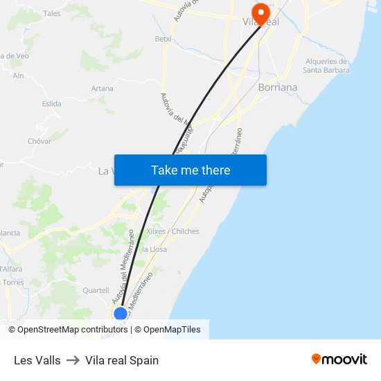Les Valls to Vila real Spain map