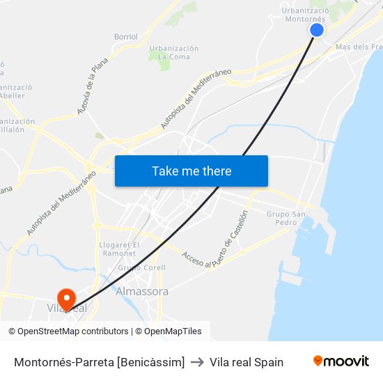 Montornés-Parreta [Benicàssim] to Vila real Spain map