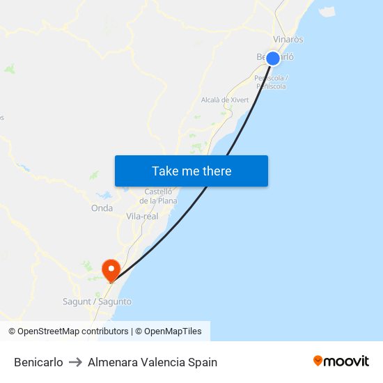 Benicarlo to Almenara Valencia Spain map