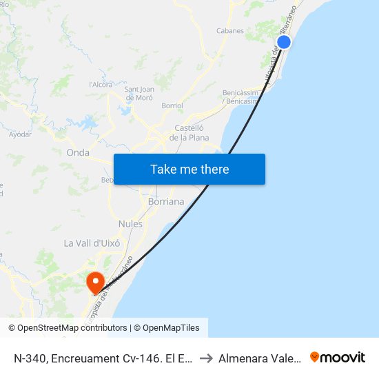 N-340, Encreuament Cv-146. El Empalme [Cabanes] to Almenara Valencia Spain map
