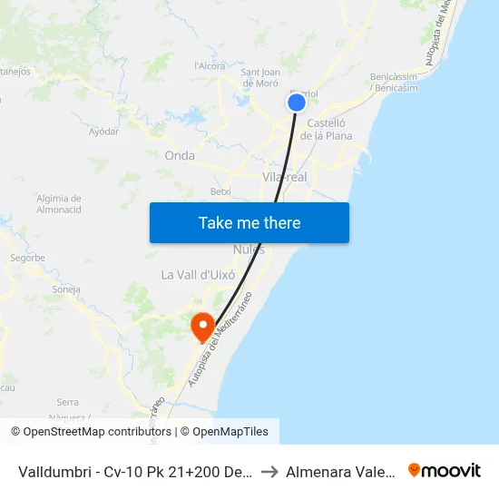 Valldumbri - Cv-10 Pk 21+200 Descendente[Borriol] to Almenara Valencia Spain map