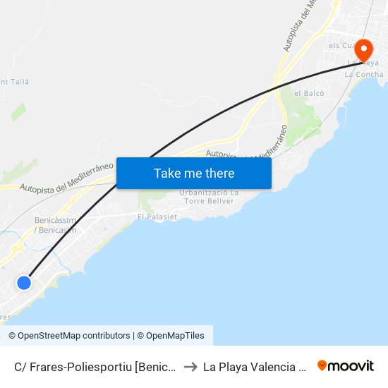 C/ Frares-Poliesportiu [Benicàssim] to La Playa Valencia Spain map