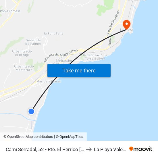 Camí Serradal, 52 - Rte. El Perrico [Castelló de La Plana] to La Playa Valencia Spain map