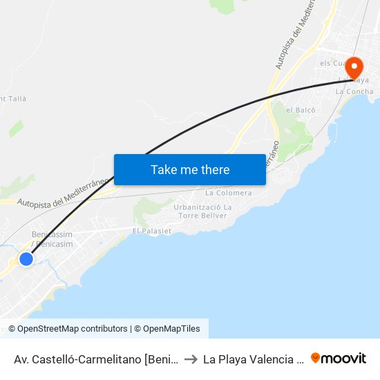 Av. Castelló-Carmelitano [Benicàssim] to La Playa Valencia Spain map