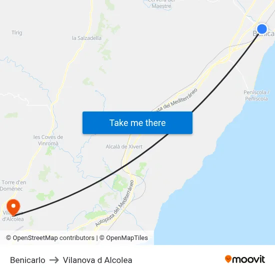 Benicarlo to Vilanova d Alcolea map
