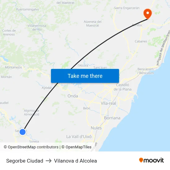 Segorbe Ciudad to Vilanova d Alcolea map