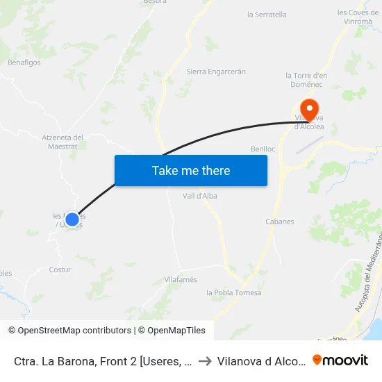 Ctra. La Barona, Front 2 [Useres, Les] to Vilanova d Alcolea map
