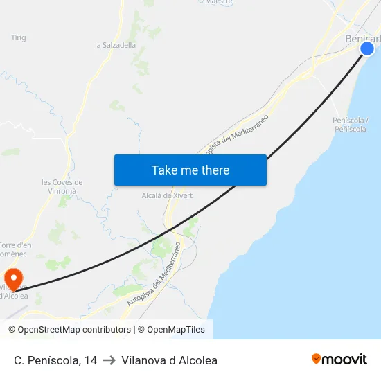 C. Peníscola, 14 to Vilanova d Alcolea map