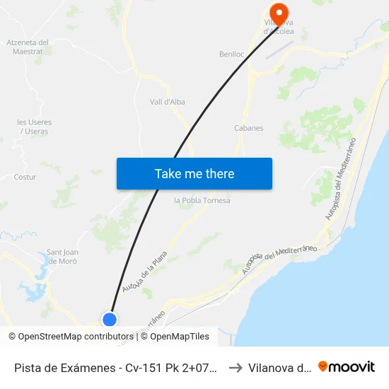 Pista de Exámenes - Cv-151 Pk 2+070 Descendente [Borriol] to Vilanova d Alcolea map