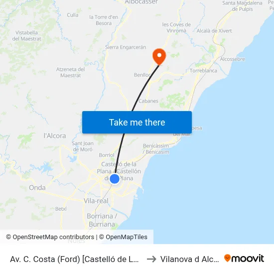 Av. C. Costa (Ford) [Castelló de La Plana] to Vilanova d Alcolea map