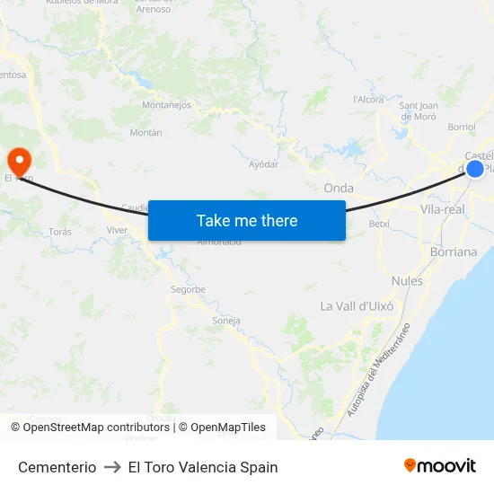 Cementerio to El Toro Valencia Spain map
