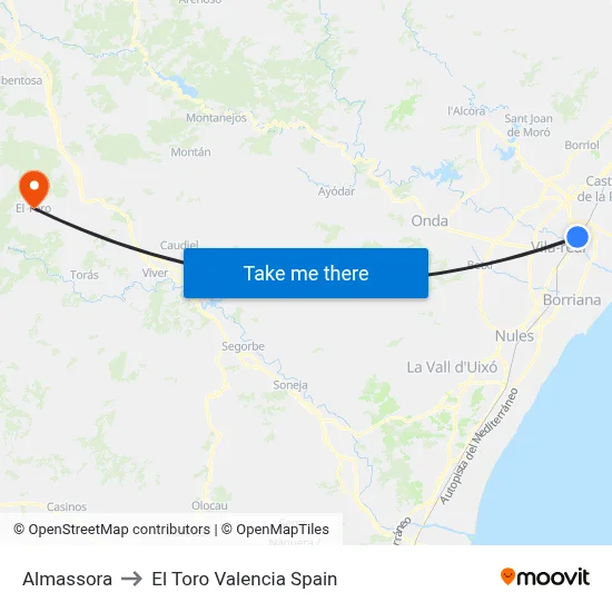 Almassora to El Toro Valencia Spain map