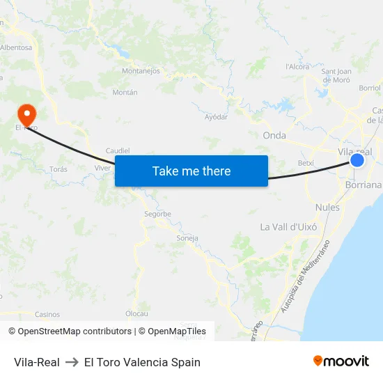 Vila-Real to El Toro Valencia Spain map
