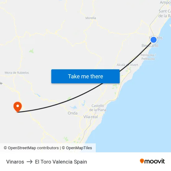 Vinaros to El Toro Valencia Spain map