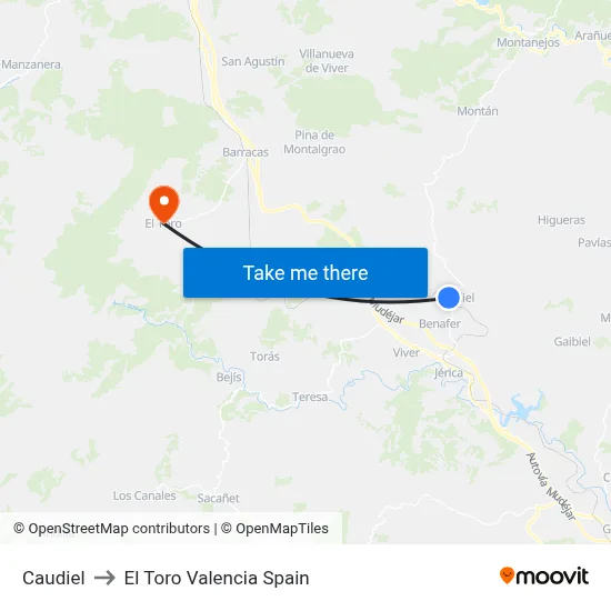 Caudiel to El Toro Valencia Spain map