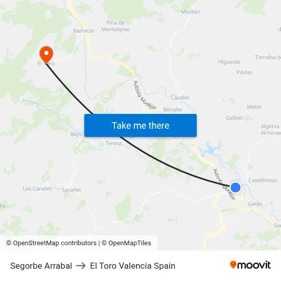 Segorbe Arrabal to El Toro Valencia Spain map