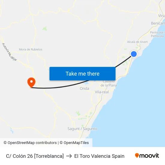 C/ Colón 26 [Torreblanca] to El Toro Valencia Spain map