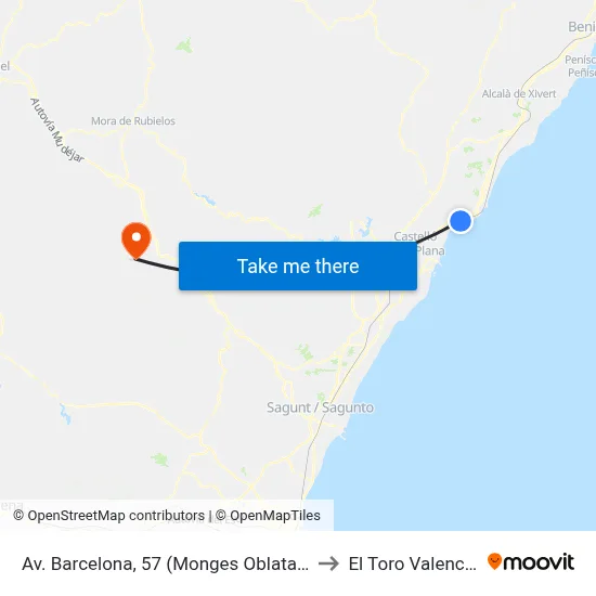 Av. Barcelona, 57 (Monges Oblatas) [Benicàssim] to El Toro Valencia Spain map