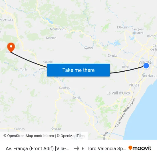 Av. França (Front Adif) [Vila-Real] to El Toro Valencia Spain map