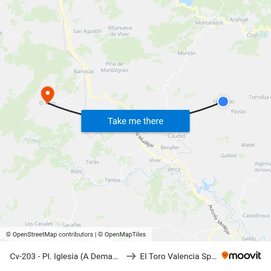 Cv-203 - Pl. Iglesia (A Demanda) to El Toro Valencia Spain map