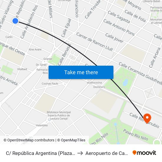 C/ República Argentina (Plaza Porcar) to Aeropuerto de Castellon map