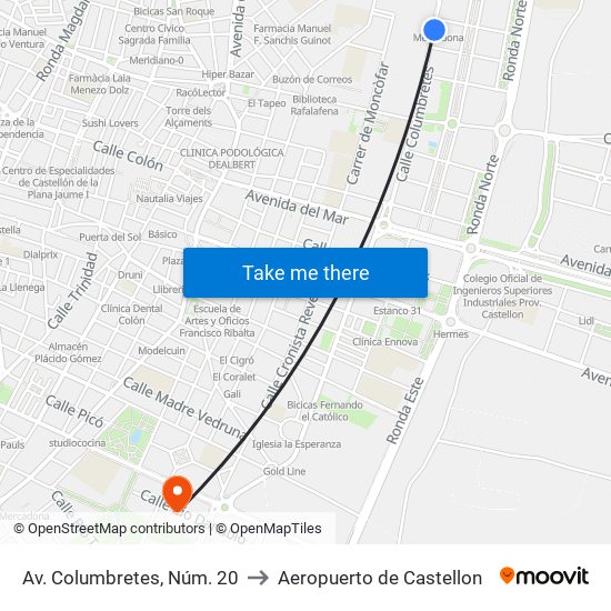Av. Columbretes, Núm. 20 to Aeropuerto de Castellon map