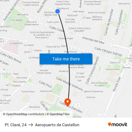 Pl. Clavé, 24 to Aeropuerto de Castellon map