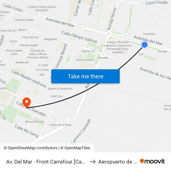 Av. Del Mar - Front Carrefour [Castelló de La Plana] to Aeropuerto de Castellon map