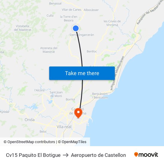 Cv15 Paquito El Botigue to Aeropuerto de Castellon map