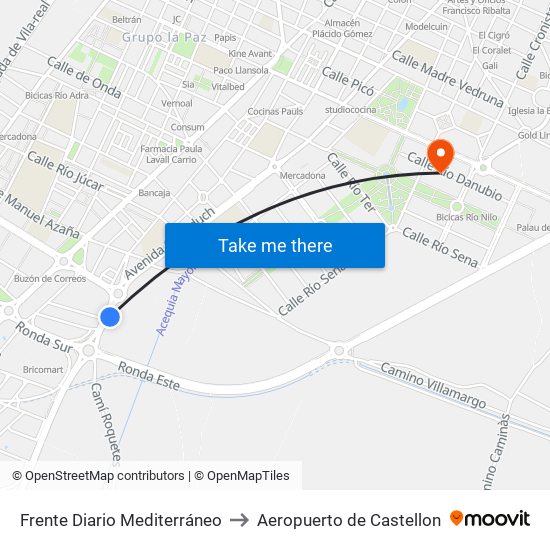 Frente Diario Mediterráneo to Aeropuerto de Castellon map